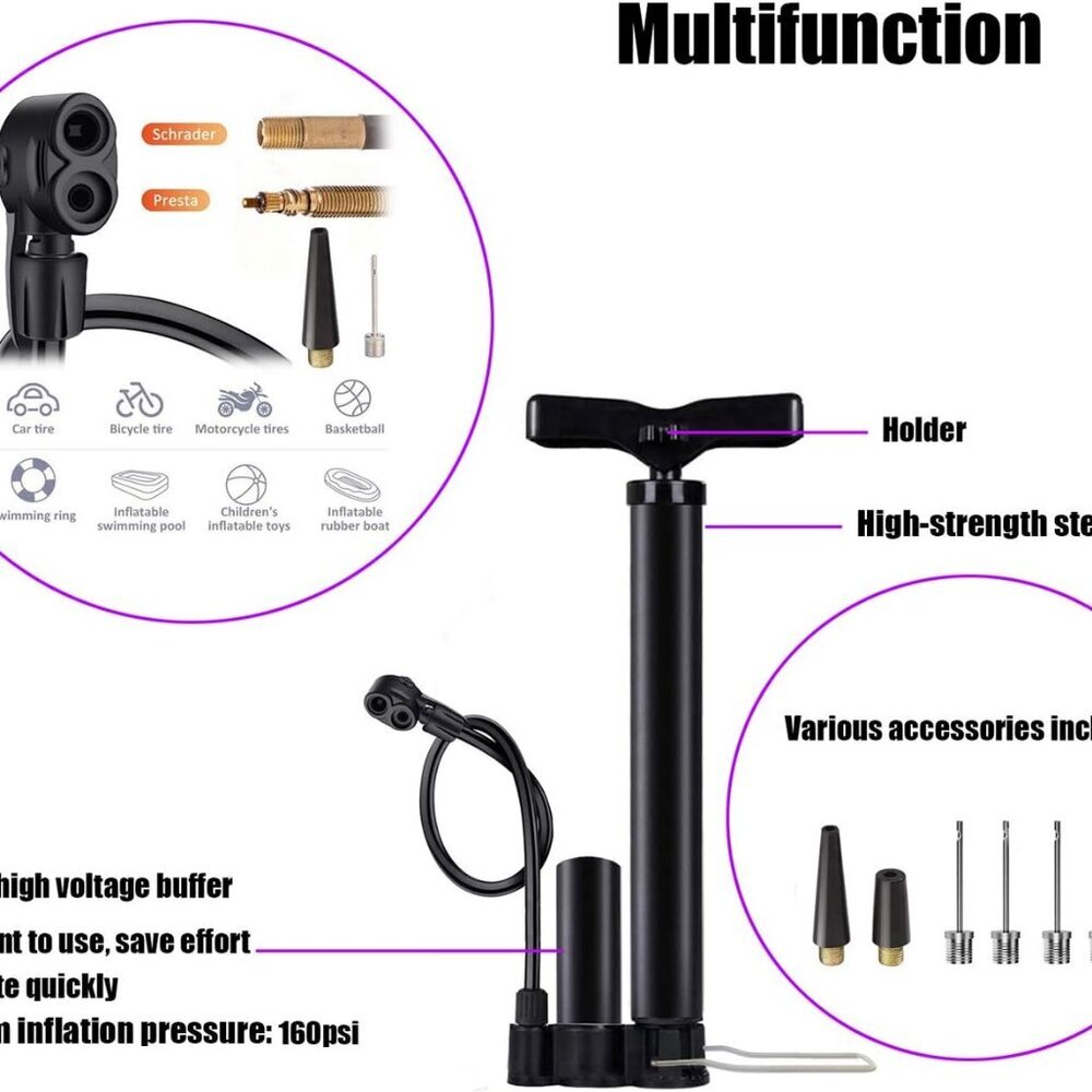 Bicycle Pump, Bike Floor Pump with Gauge Inflator for Presta and Schrader Valve - Picture 3 of 7